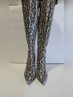 Tony Bianco Women’s Snake-Print Knee-High Pointed Toe Boots - Black Gray White